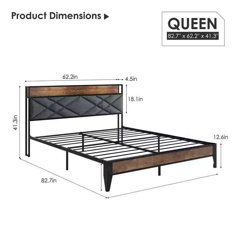 Letto a piattaforma matrimoniale King Size in metallo con testiera e pediera, 11" di spazio sotto il letto, facile da montare, non richiede rete, silenzioso, grigio