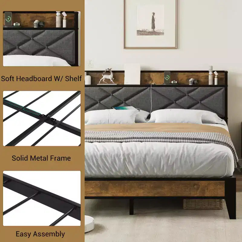 Letto a piattaforma matrimoniale King Size in metallo con testiera e pediera, 11" di spazio sotto il letto, facile da montare, non richiede rete, silenzioso, grigio