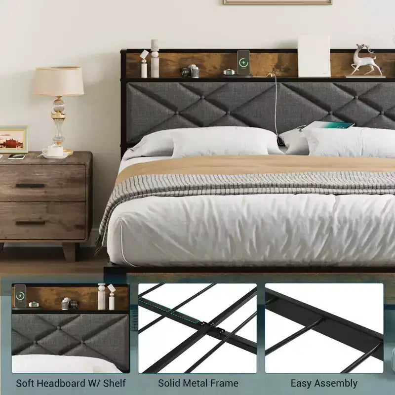 Letto a piattaforma matrimoniale King Size in metallo con testiera e pediera, 11" di spazio sotto il letto, facile da montare, non richiede rete, silenzioso, grigio