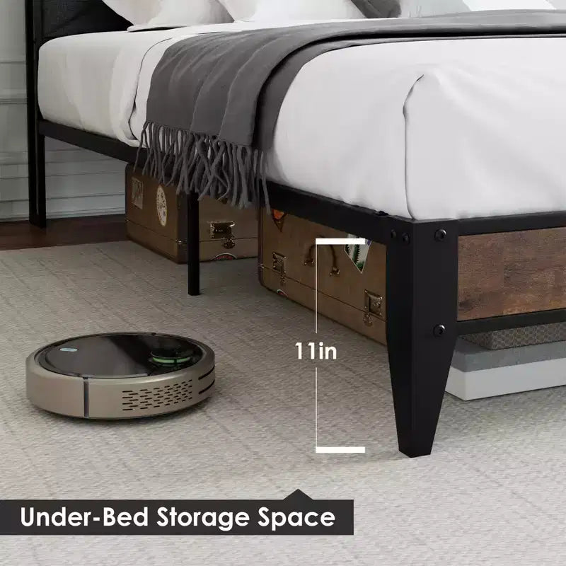 Letto a piattaforma matrimoniale King Size in metallo con testiera e pediera, 11" di spazio sotto il letto, facile da montare, non richiede rete, silenzioso, grigio