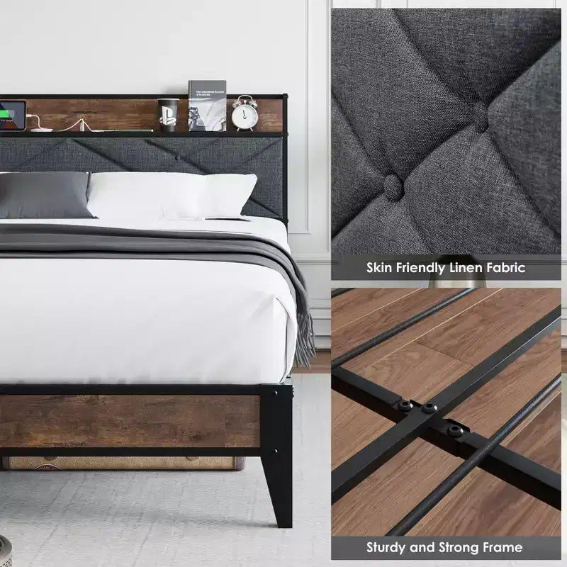Letto a piattaforma matrimoniale King Size in metallo con testiera e pediera, 11" di spazio sotto il letto, facile da montare, non richiede rete, silenzioso, grigio