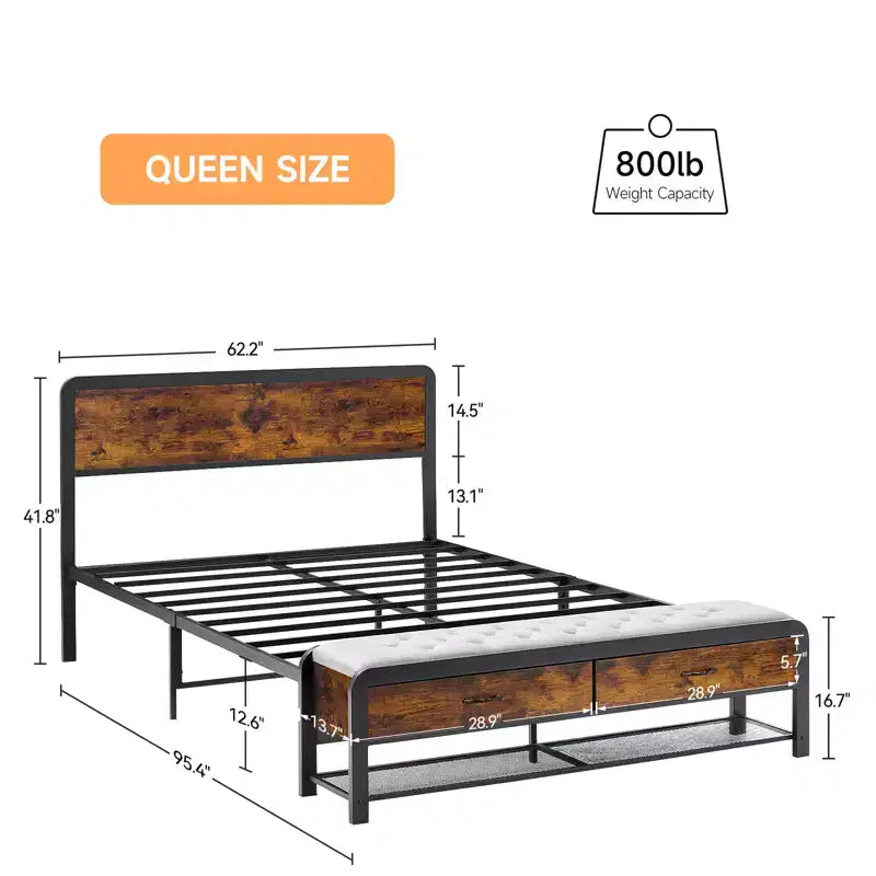 Letto a piattaforma Queen Size con testiera, 2 cassetti portaoggetti e poggiapiedi coordinato, supporti in metallo resistente, non richiede box spring, nessun rumore