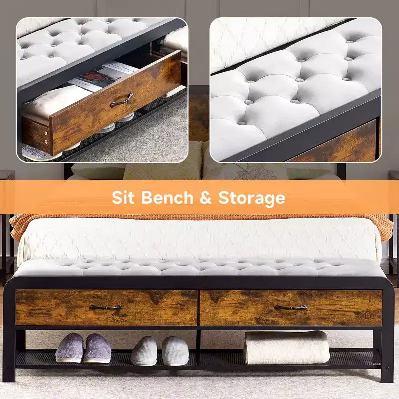 Letto a piattaforma Queen Size con testiera, 2 cassetti portaoggetti e poggiapiedi coordinato, supporti in metallo resistente, non richiede box spring, nessun rumore