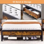 Letto a piattaforma Queen Size con testiera, 2 cassetti portaoggetti e poggiapiedi coordinato, supporti in metallo resistente, non richiede box spring, nessun rumore
