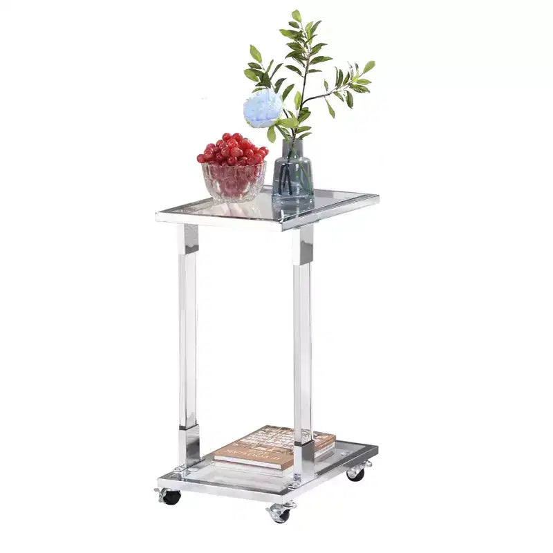 Tavolino moderno in vetro Okak con gambe in acrilico, tavolo a C con base in metallo cromato, tavolini da vassoio per soggiorno, camera da letto, balcone