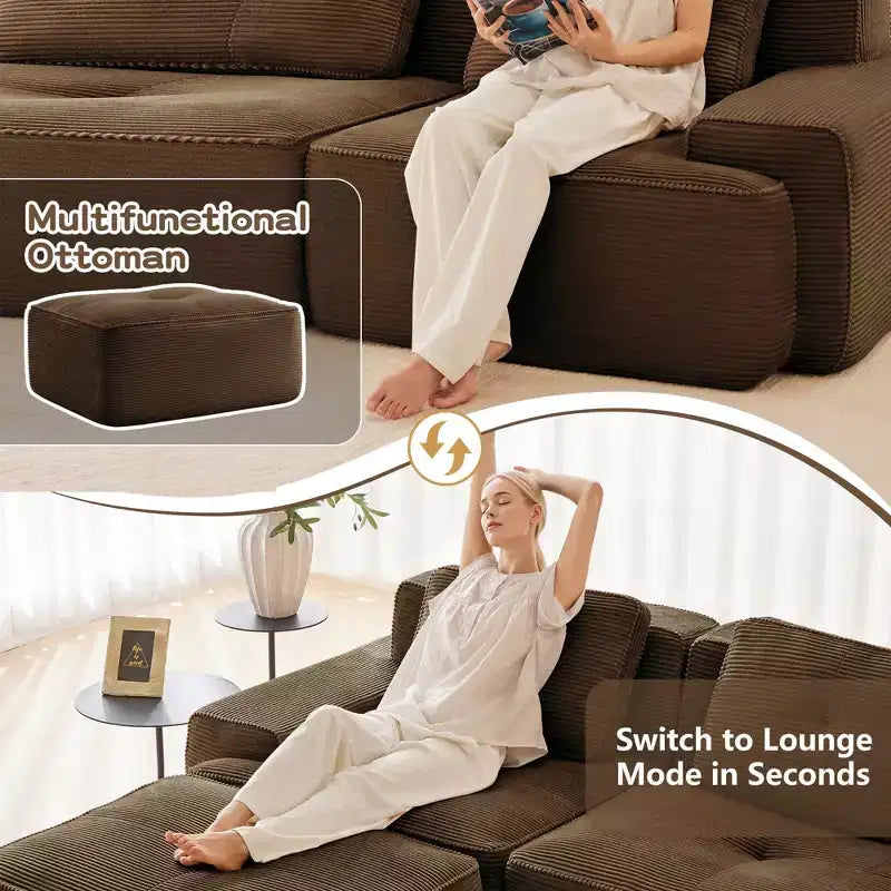 Divano componibile moderno Okak con design trapuntato e cuscini, divano a seduta profonda per soggiorno, appartamento, camera degli ospiti