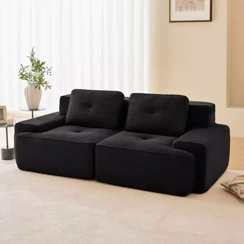Divano componibile moderno Okak con design trapuntato e cuscini, divano a seduta profonda per soggiorno, appartamento, camera degli ospiti