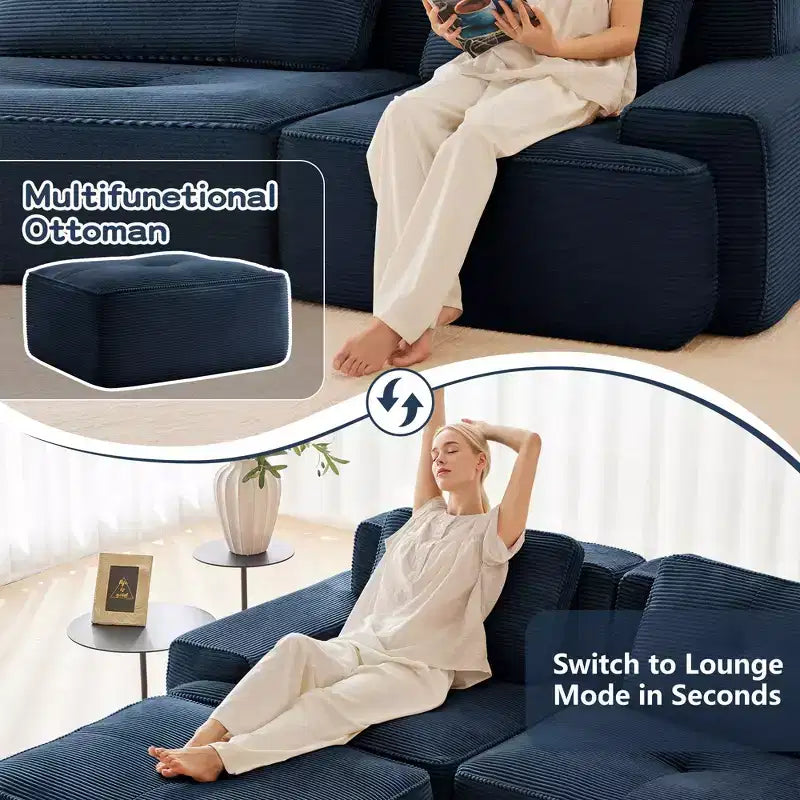 Divano componibile moderno Okak con design trapuntato e cuscini, divano a seduta profonda per soggiorno, appartamento, camera degli ospiti