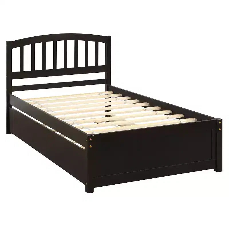 Letto a piattaforma singolo con letto estraibile, struttura del letto singolo in legno con testiera per camera da letto