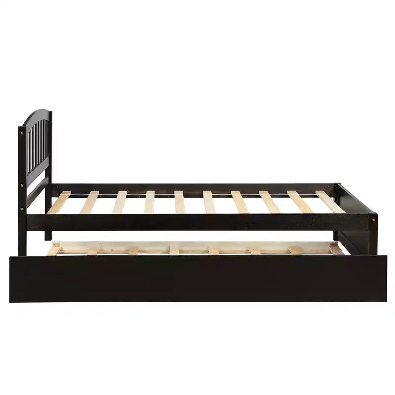 Letto a piattaforma singolo con letto estraibile, struttura del letto singolo in legno con testiera per camera da letto