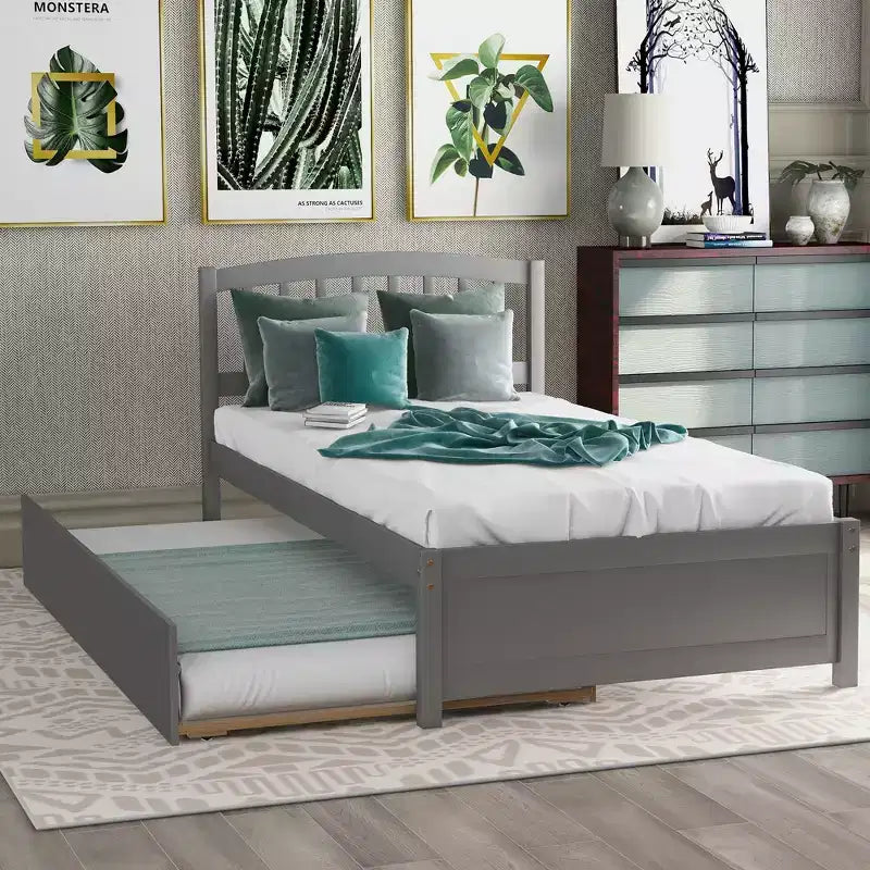 Letto a piattaforma singolo con letto estraibile, struttura del letto singolo in legno con testiera per camera da letto