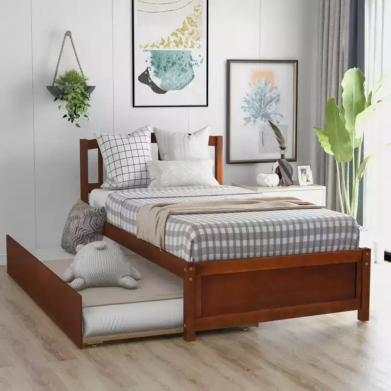 Letto a piattaforma singolo con letto estraibile, struttura del letto singolo in legno con testiera per camera da letto