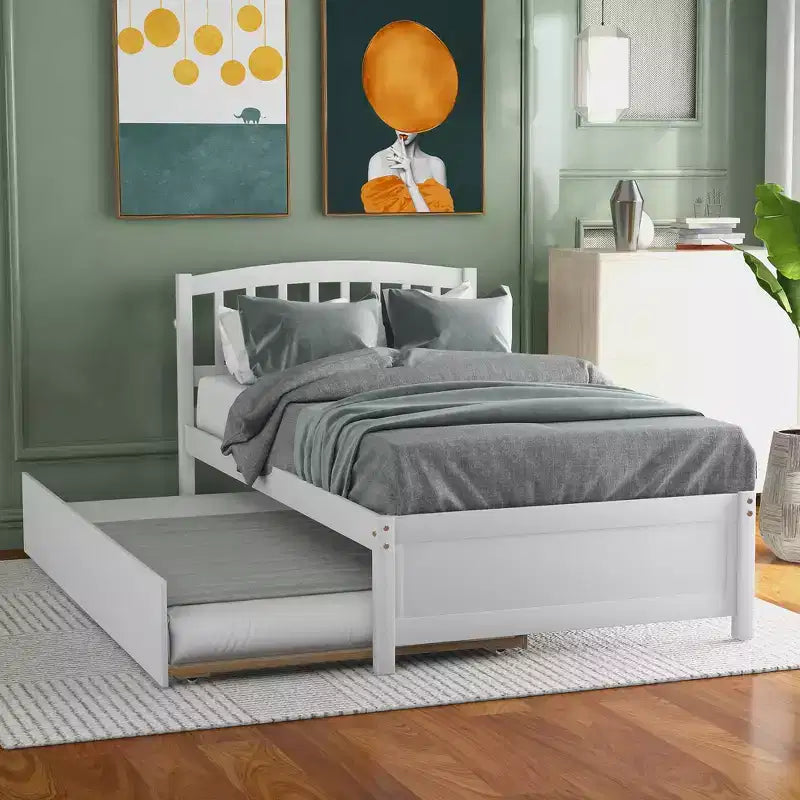 Letto a piattaforma singolo con letto estraibile, struttura del letto singolo in legno con testiera per camera da letto