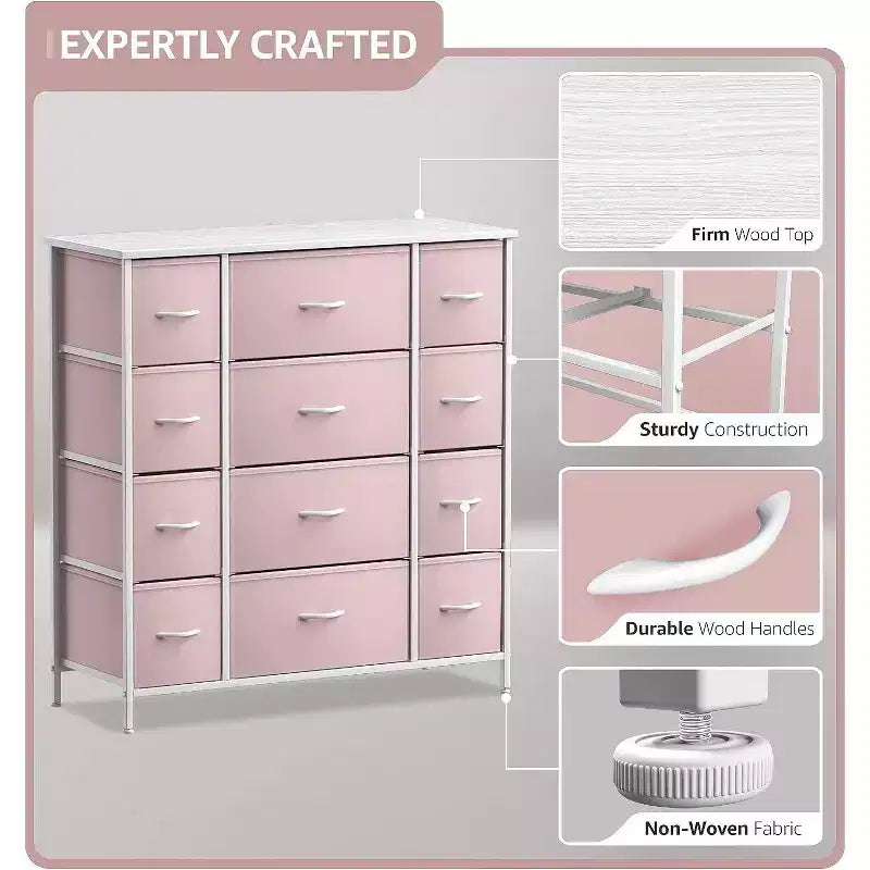 Cassettiera Sorbus a 12 cassetti - Mobile contenitore con struttura in acciaio, piano e maniglie in legno - Grande cassettiera per camera da letto, cameretta dei bambini e altro ancora