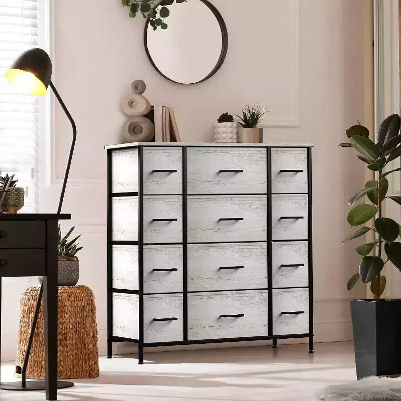 Cassettiera Sorbus a 12 cassetti - Mobile contenitore con struttura in acciaio, piano e maniglie in legno - Grande cassettiera per camera da letto, cameretta dei bambini e altro ancora