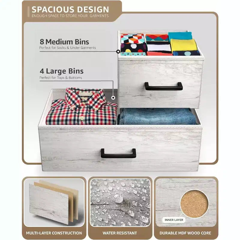 Cassettiera Sorbus a 12 cassetti - Mobile contenitore con struttura in acciaio, piano e maniglie in legno - Grande cassettiera per camera da letto, cameretta dei bambini e altro ancora