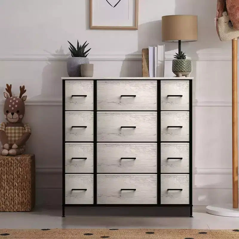 Cassettiera Sorbus a 12 cassetti - Mobile contenitore con struttura in acciaio, piano e maniglie in legno - Grande cassettiera per camera da letto, cameretta dei bambini e altro ancora