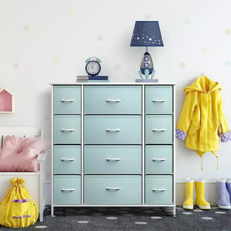 Cassettiera Sorbus a 12 cassetti - Mobile contenitore con struttura in acciaio, piano e maniglie in legno - Grande cassettiera per camera da letto, cameretta dei bambini e altro ancora
