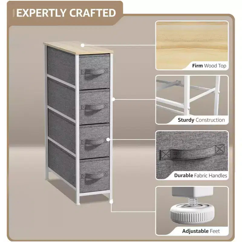Cassettiera stretta a 4 cassetti Sorbus - con struttura in acciaio, piano in legno e cassetti in tessuto facili da estrarre per piccoli spazi, armadi, camera da letto, bagno e lavanderia