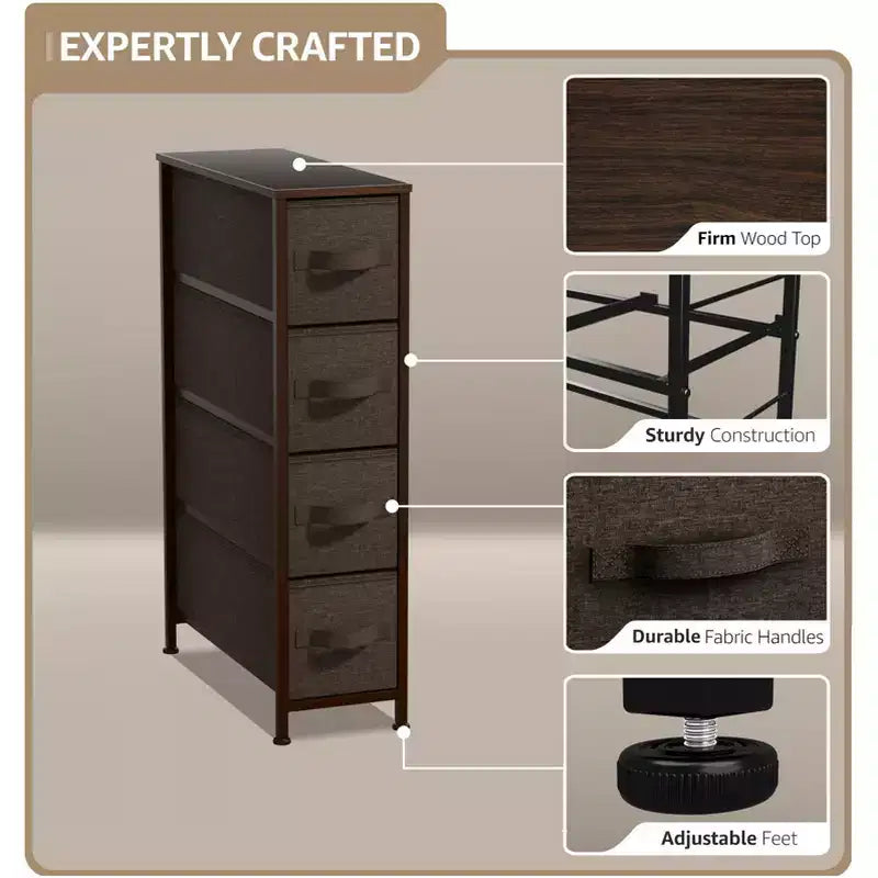 Cassettiera stretta a 4 cassetti Sorbus - con struttura in acciaio, piano in legno e cassetti in tessuto facili da estrarre per piccoli spazi, armadi, camera da letto, bagno e lavanderia