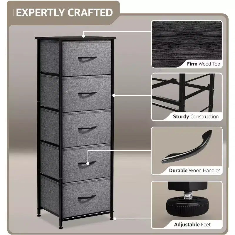 Comodino Sorbus stretto a 5 cassetti con struttura in acciaio, piano in legno e contenitori in tessuto facili da estrarre per casa, camera da letto, ufficio e dormitorio