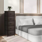 Comodino Sorbus stretto a 5 cassetti con struttura in acciaio, piano in legno e contenitori in tessuto facili da estrarre per casa, camera da letto, ufficio e dormitorio
