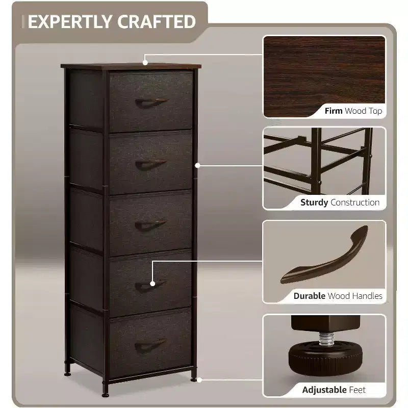 Comodino Sorbus stretto a 5 cassetti con struttura in acciaio, piano in legno e contenitori in tessuto facili da estrarre per casa, camera da letto, ufficio e dormitorio