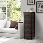 Comodino Sorbus stretto a 5 cassetti con struttura in acciaio, piano in legno e contenitori in tessuto facili da estrarre per casa, camera da letto, ufficio e dormitorio