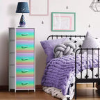 Comodino Sorbus stretto a 5 cassetti con struttura in acciaio, piano in legno e contenitori in tessuto facili da estrarre per casa, camera da letto, ufficio e dormitorio