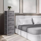 Comodino Sorbus stretto a 5 cassetti con struttura in acciaio, piano in legno e contenitori in tessuto facili da estrarre per casa, camera da letto, ufficio e dormitorio