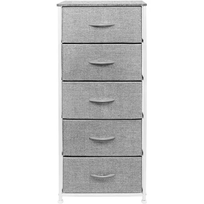 Comodino Sorbus stretto a 5 cassetti con struttura in acciaio, piano in legno e contenitori in tessuto facili da estrarre per casa, camera da letto, ufficio e dormitorio