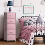 Comodino Sorbus stretto a 5 cassetti con struttura in acciaio, piano in legno e contenitori in tessuto facili da estrarre per casa, camera da letto, ufficio e dormitorio