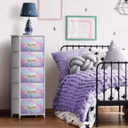 Comodino Sorbus stretto a 5 cassetti con struttura in acciaio, piano in legno e contenitori in tessuto facili da estrarre per casa, camera da letto, ufficio e dormitorio