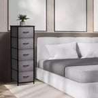 Comodino Sorbus stretto a 5 cassetti con struttura in acciaio, piano in legno e contenitori in tessuto facili da estrarre per casa, camera da letto, ufficio e dormitorio