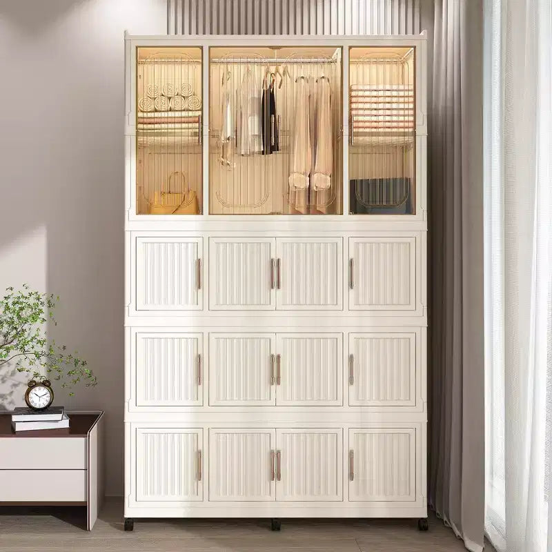Armadio Portatile, Organizzatore per Vestiti, Guardaroba con Ante Magnetiche Trasparenti e Asta Appendiabiti per Soggiorno e Camera da Letto