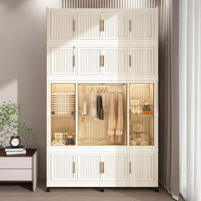 Armadio Portatile, Organizzatore per Vestiti, Guardaroba con Ante Magnetiche Trasparenti e Asta Appendiabiti per Soggiorno e Camera da Letto