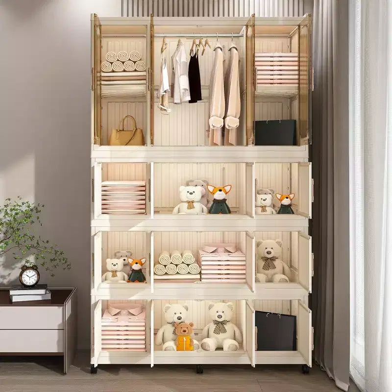 Armadio Portatile, Organizzatore per Vestiti, Guardaroba con Ante Magnetiche Trasparenti e Asta Appendiabiti per Soggiorno e Camera da Letto