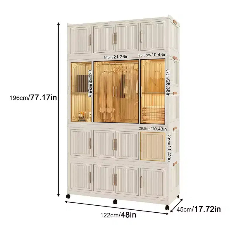 Armadio Portatile, Organizzatore per Vestiti, Guardaroba con Ante Magnetiche Trasparenti e Asta Appendiabiti per Soggiorno e Camera da Letto