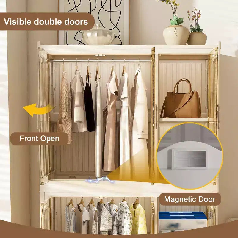 Armadio Portatile, Organizzatore per Vestiti, Guardaroba con Ante Magnetiche Trasparenti e Asta Appendiabiti per Soggiorno e Camera da Letto