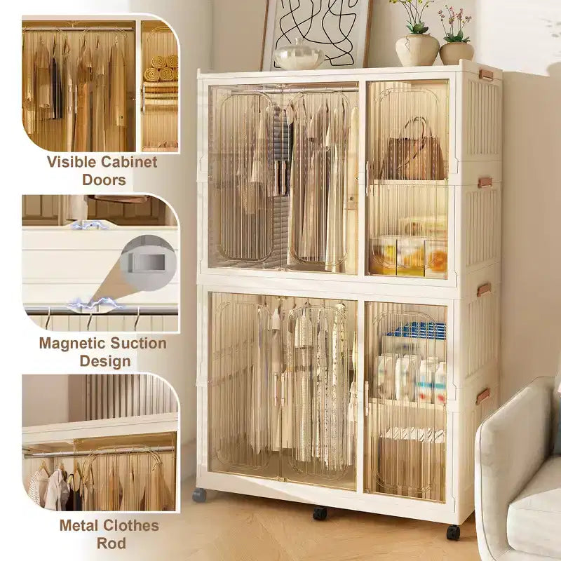 Armadio Portatile, Organizzatore per Vestiti, Guardaroba con Ante Magnetiche Trasparenti e Asta Appendiabiti per Soggiorno e Camera da Letto