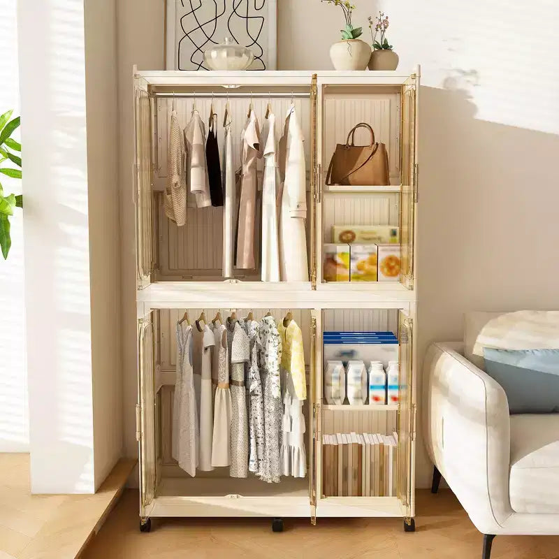 Armadio Portatile, Organizzatore per Vestiti, Guardaroba con Ante Magnetiche Trasparenti e Asta Appendiabiti per Soggiorno e Camera da Letto