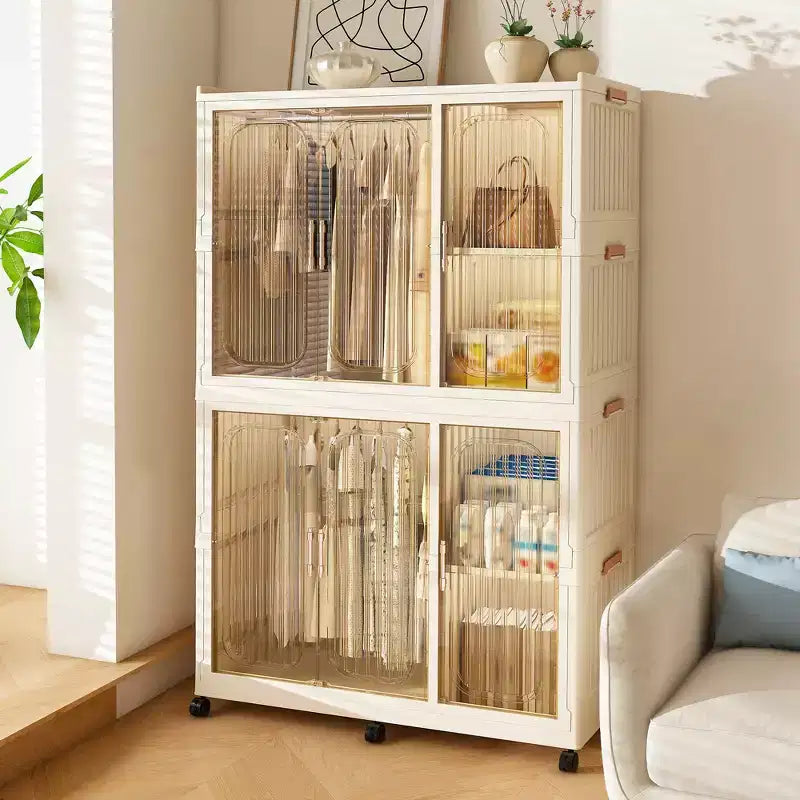 Armadio Portatile, Organizzatore per Vestiti, Guardaroba con Ante Magnetiche Trasparenti e Asta Appendiabiti per Soggiorno e Camera da Letto