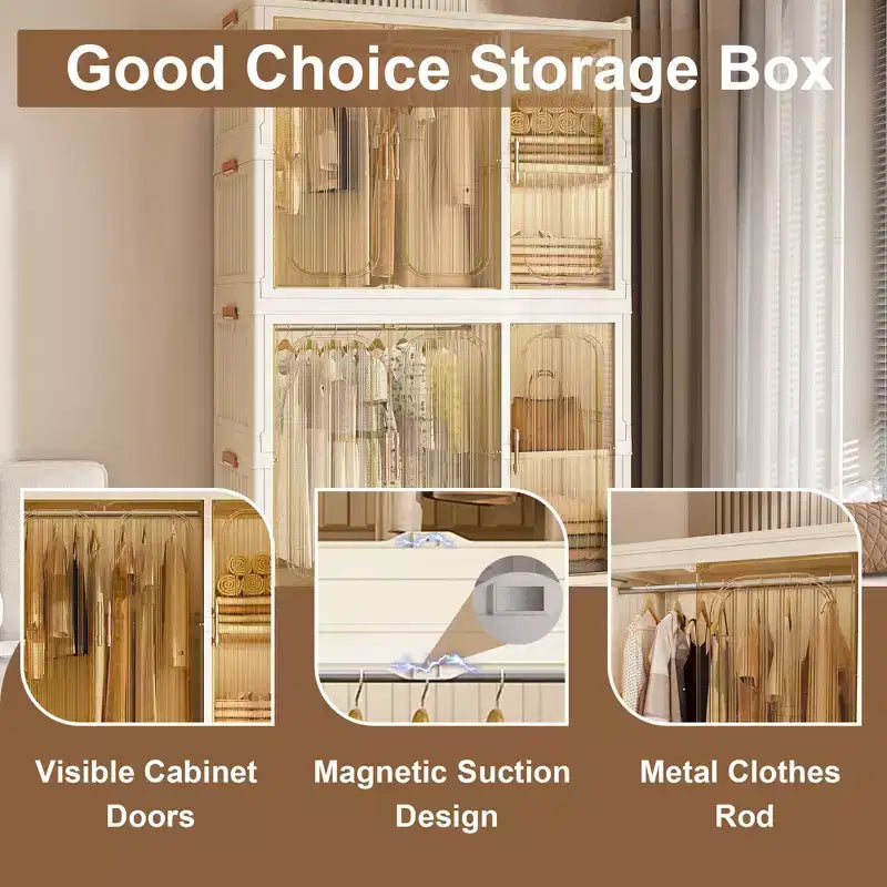 Armadio Portatile, Organizzatore per Vestiti, Guardaroba con Ante Magnetiche Trasparenti e Asta Appendiabiti per Soggiorno e Camera da Letto