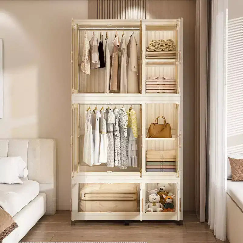 Armadio Portatile, Organizzatore per Vestiti, Guardaroba con Ante Magnetiche Trasparenti e Asta Appendiabiti per Soggiorno e Camera da Letto