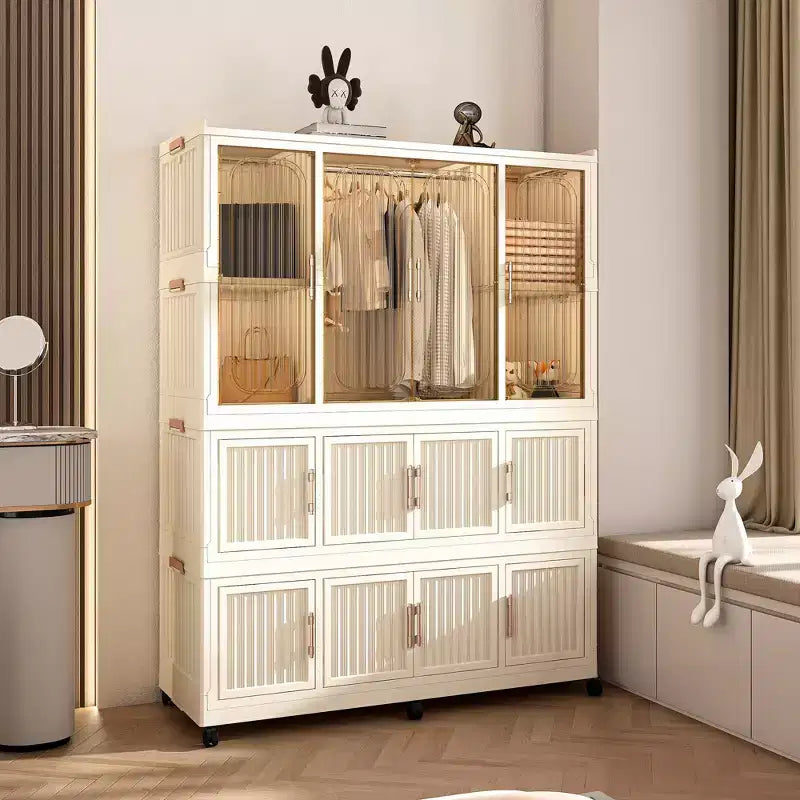 Armadio Portatile, Organizzatore per Vestiti, Guardaroba con Ante Magnetiche Trasparenti e Asta Appendiabiti per Soggiorno e Camera da Letto