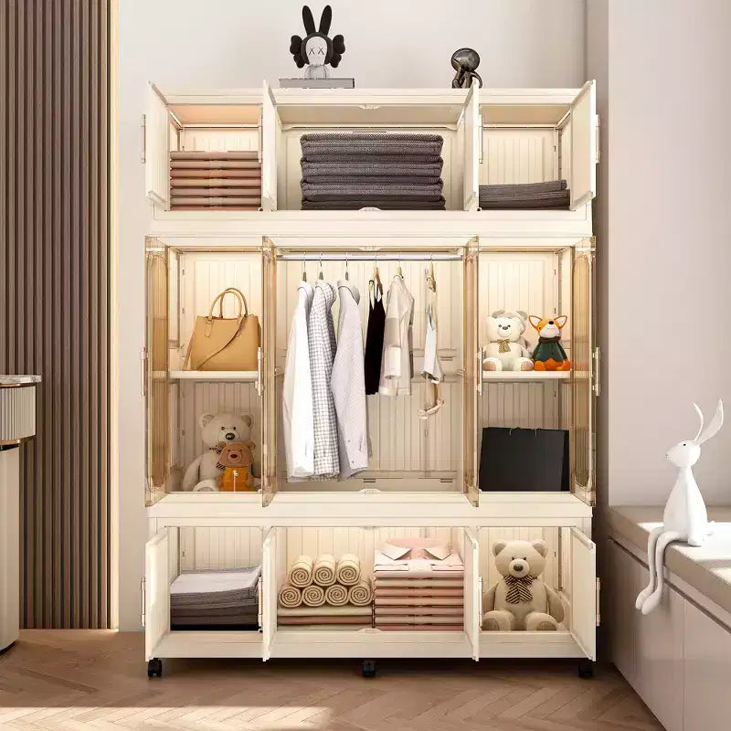 Armadio Portatile, Organizzatore per Vestiti, Guardaroba con Ante Magnetiche Trasparenti e Asta Appendiabiti per Soggiorno e Camera da Letto