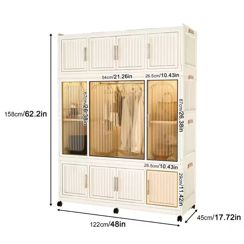 Armadio Portatile, Organizzatore per Vestiti, Guardaroba con Ante Magnetiche Trasparenti e Asta Appendiabiti per Soggiorno e Camera da Letto