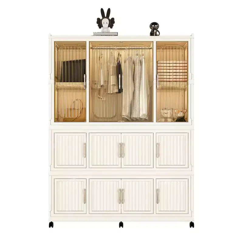 Armadio Portatile, Organizzatore per Vestiti, Guardaroba con Ante Magnetiche Trasparenti e Asta Appendiabiti per Soggiorno e Camera da Letto