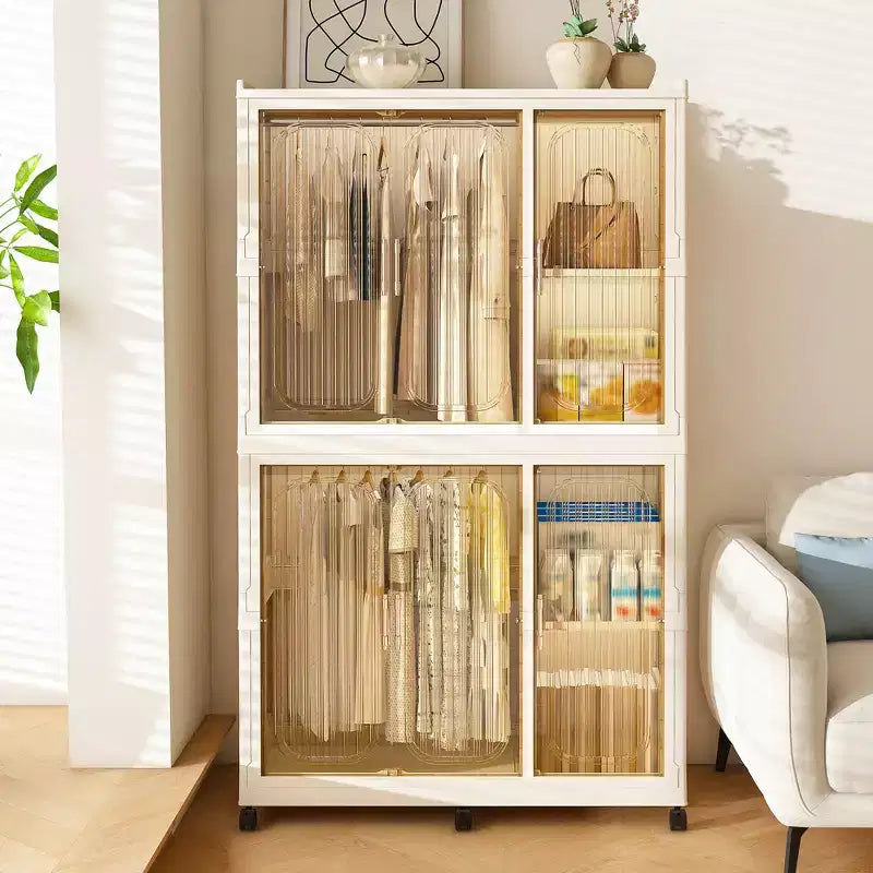 Armadio Portatile, Organizzatore per Vestiti, Guardaroba con Ante Magnetiche Trasparenti e Asta Appendiabiti per Soggiorno e Camera da Letto