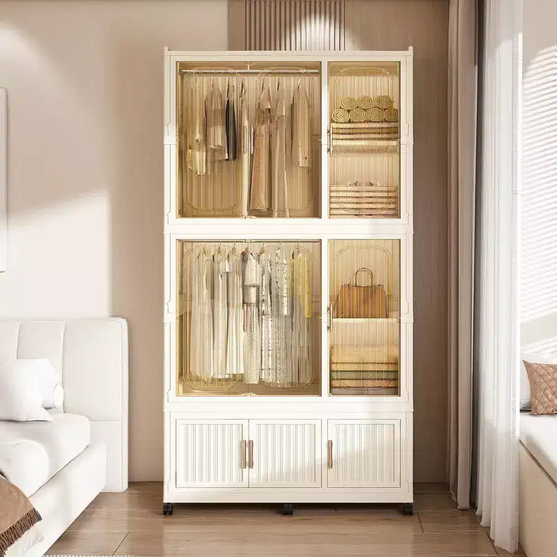 Armadio Portatile, Organizzatore per Vestiti, Guardaroba con Ante Magnetiche Trasparenti e Asta Appendiabiti per Soggiorno e Camera da Letto